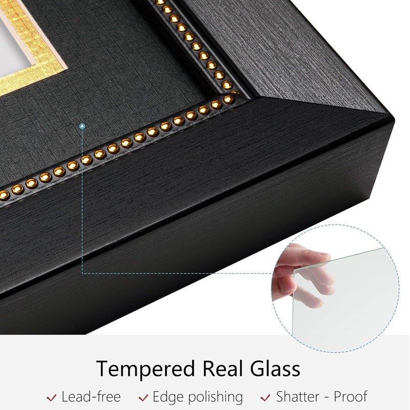 GiftMust 11x22 Diploma Frame with Tassel Holder, Graduate Frame for 8.5x11 Certificate Document and 4x6 Photo, Linen Texture Black over Gold Double Mats, HD Real Glass, Black with Gold Beads Embossing - Image 3